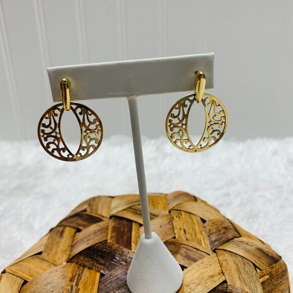 Gold Door Knocker Hoop Filigree Earrings 1 3/8" drop x 1" - Picture 2 of 4